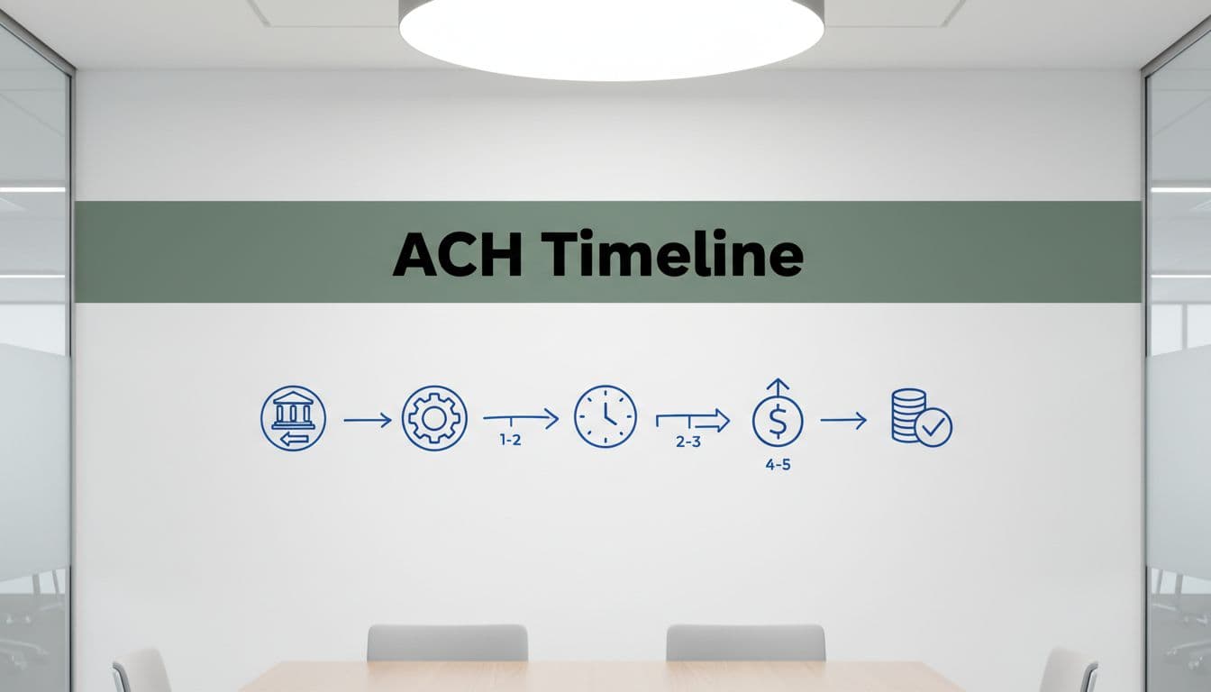 Simple flowchart on a whiteboard in a meeting room depicting the ACH payment flow from initiation to settlement over 4-5 days, using minimalistic vector icons for bank transfer, processing, and funds arrival, with a bold 'ACH Timeline' headline on a dark-green band.