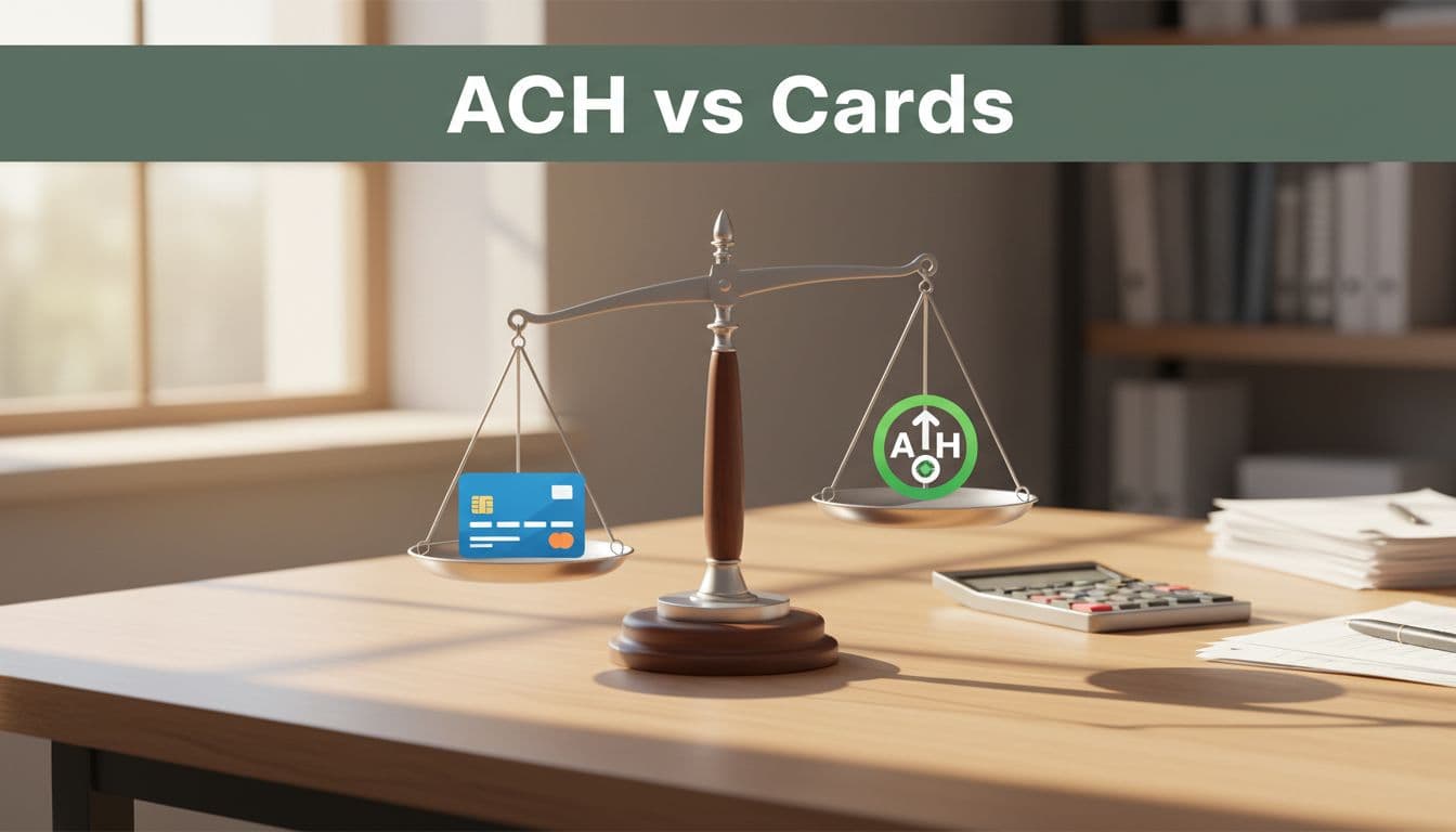 Side-by-side icons of credit card and ACH symbols balanced on a scale in a professional finance workspace with wooden desk, papers, and calculator under warm daylight. Bold 'ACH vs Cards' headline on muted dark-green band at top in geometric sans-serif font.