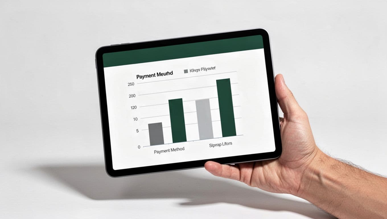 Hand holds tablet displaying bar graph comparing ACSS and card fees with dark-green 'ACSS vs Cards' header band.