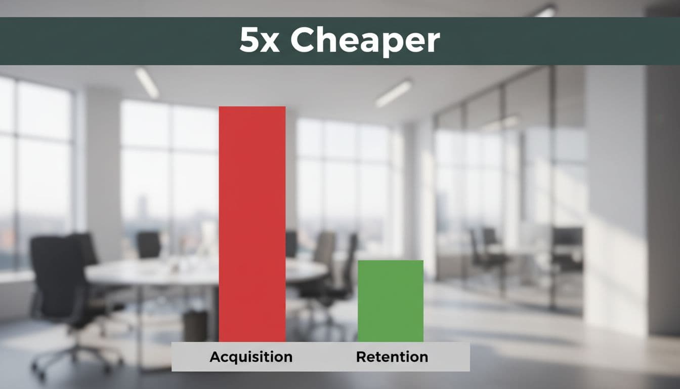 Bar graph with tall red acquisition bar and short green retention bar on agency office background, topped by '5x Cheaper' green headline band.