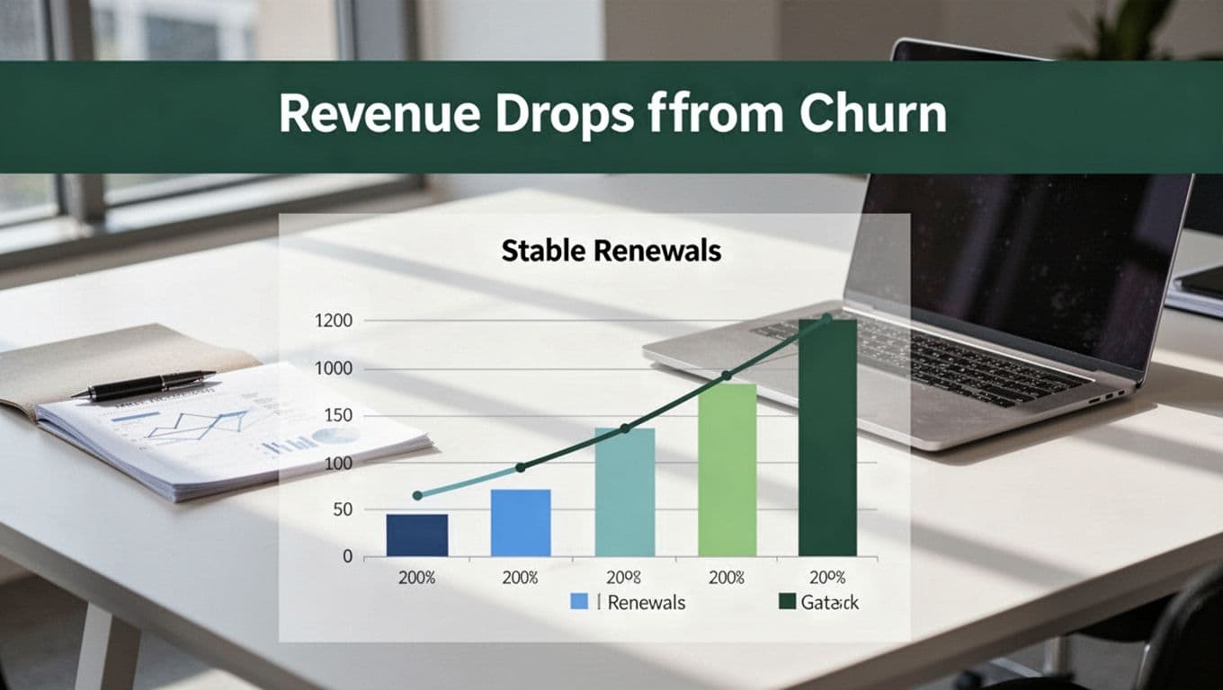 A bar chart on a modern agency office desk showing revenue drop from churn versus stable renewals, with laptop nearby and bold 'Churn Costs' headline in dark-green band.