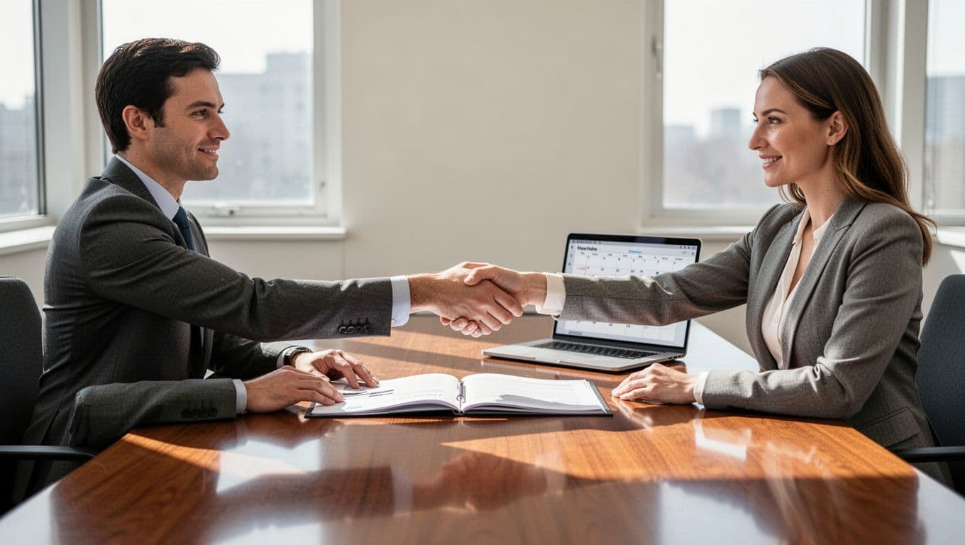 An agency account manager and client seated across a desk in a bright conference room, firmly shaking hands over a contract document with an open laptop showing renewal reminders nearby. Bold 'Renew Early' headline in a dark-green band at the top, professional atmosphere.