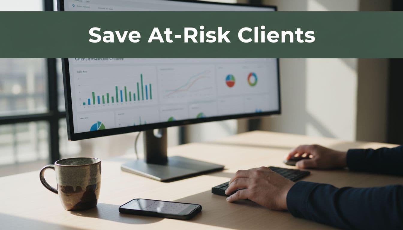 Agency account manager at desk in modern office reviewing client health score chart on computer screen during proactive check-in, with coffee mug, phone with open calendar nearby, and bold 'Save At-Risk Clients' headline on dark-green band.
