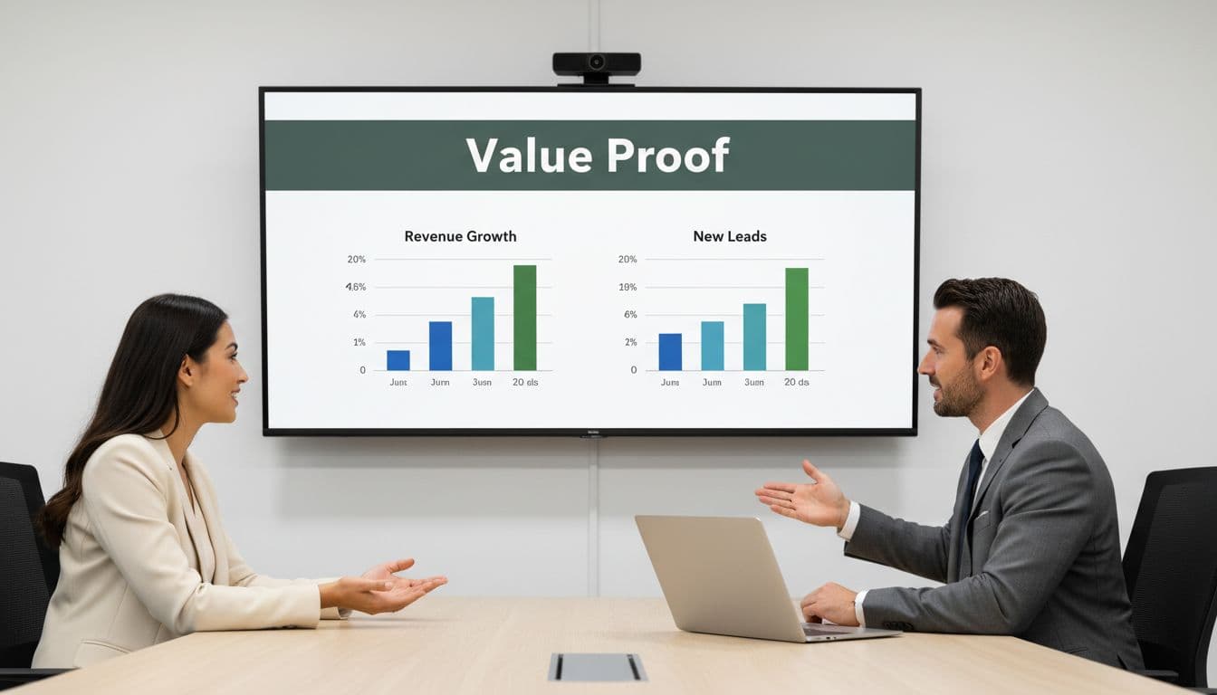 Agency account manager presents monthly value report showing revenue growth charts to impressed client on large screen in minimalist meeting room.