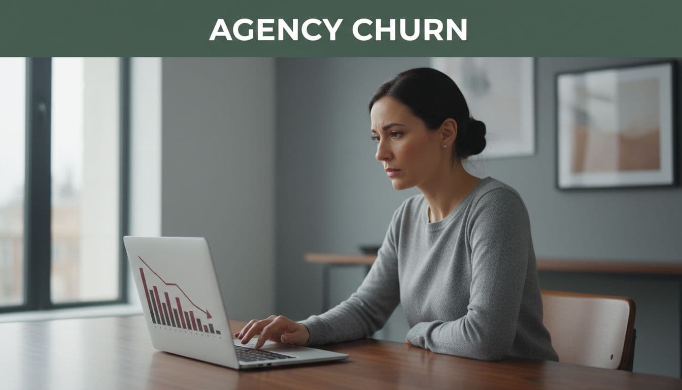 Concerned agency owner at modern desk views laptop dashboard with declining revenue bars under dark-green Agency Churn banner.