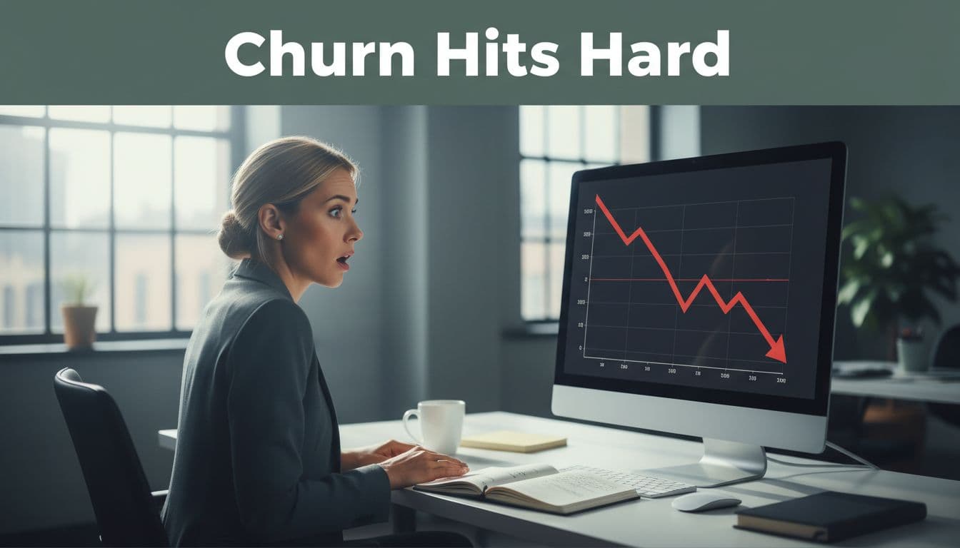 Surprised marketing professional in modern office gazes at declining revenue graph on screen below dark-green 'Churn Hits Hard' headline band.