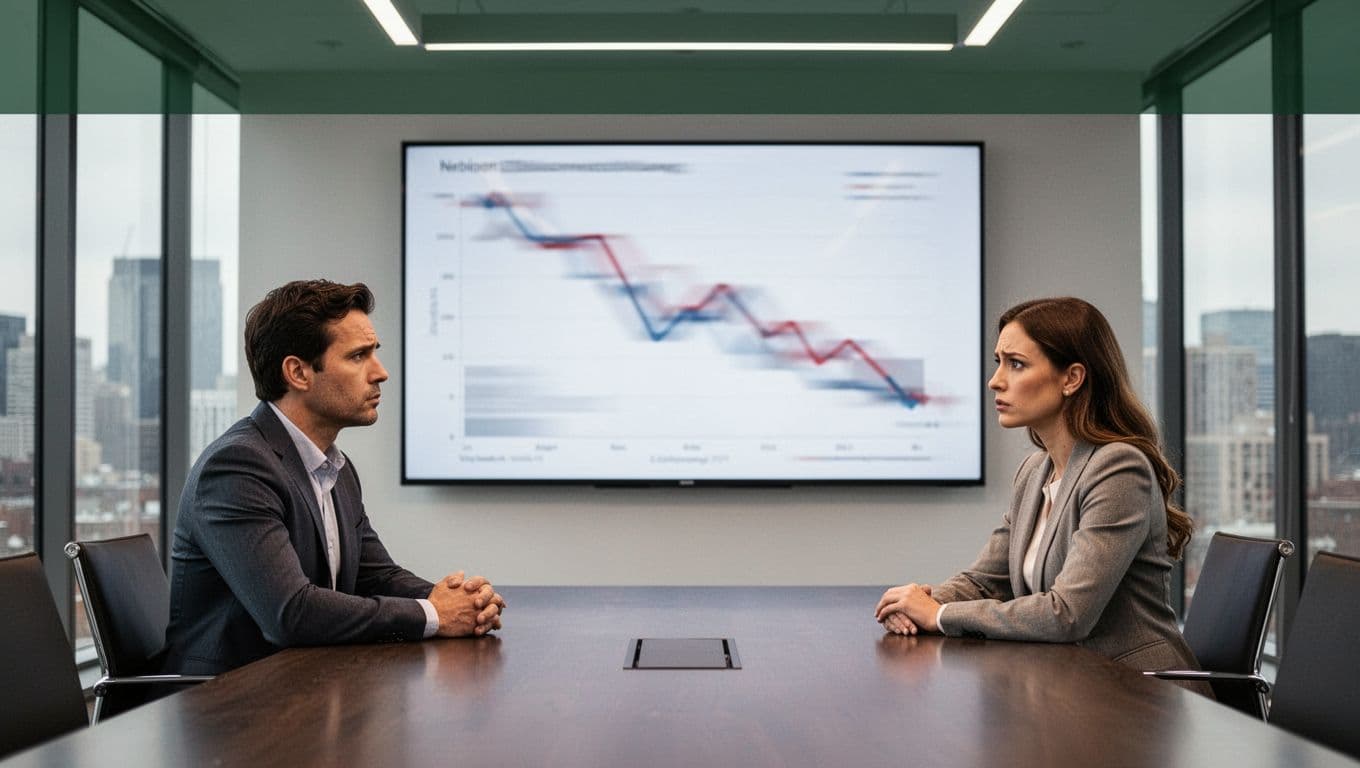 Two professionals in business casual sit at a conference table in a modern boardroom, looking concerned at a wall screen with blurred downward revenue graph and 'Churn Impact' headline.