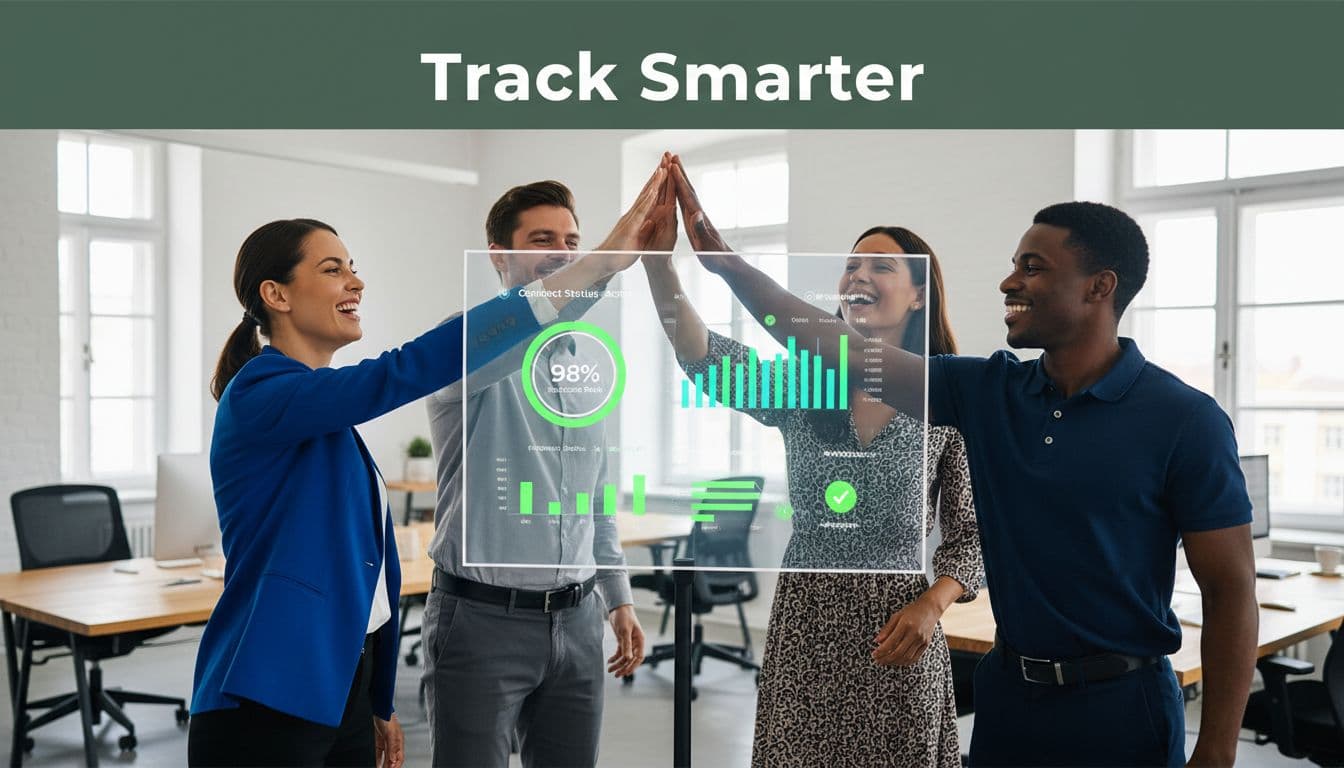 Four happy agency team members high-five around monitor showing green contract statuses and renewal metrics, with dark-green 'Track Smarter' banner at top.