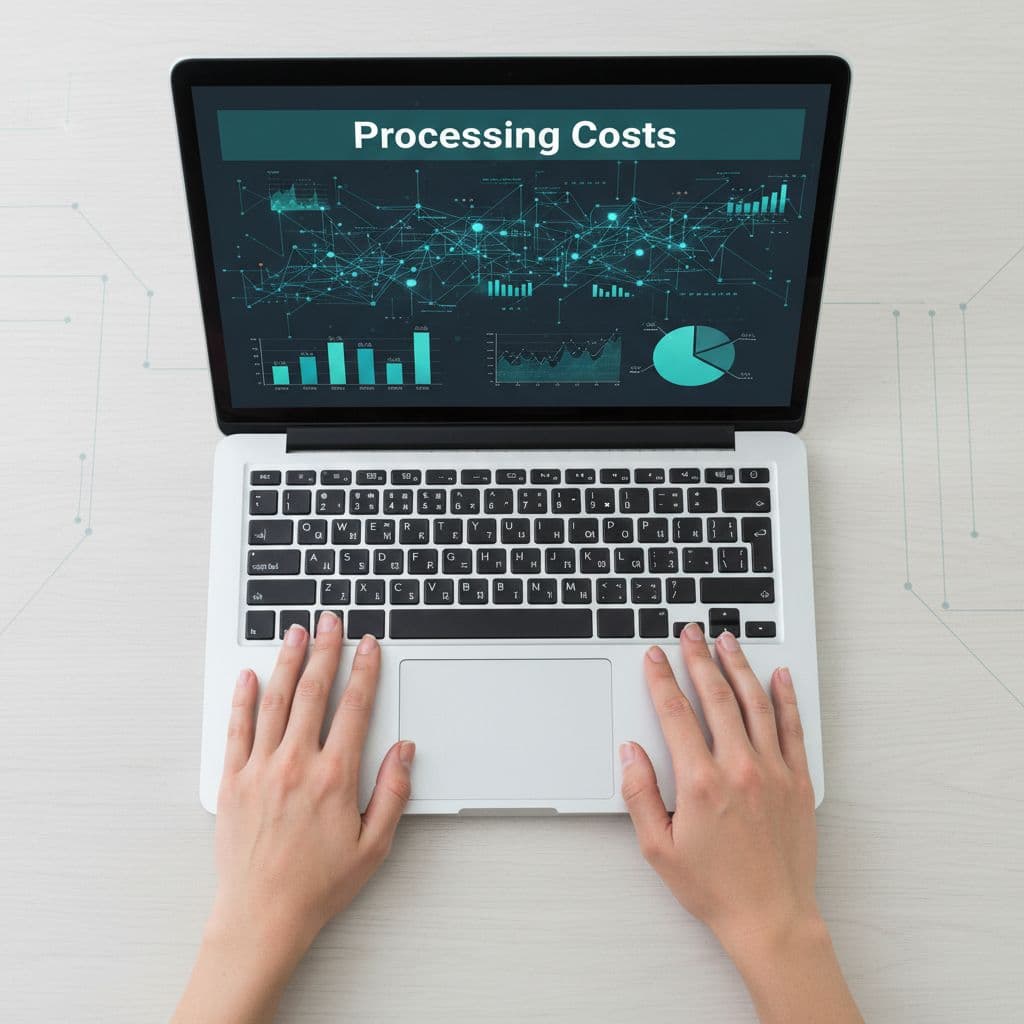 A top-down view of hands resting by a laptop displaying abstract financial charts with a header labeled Processing Costs.