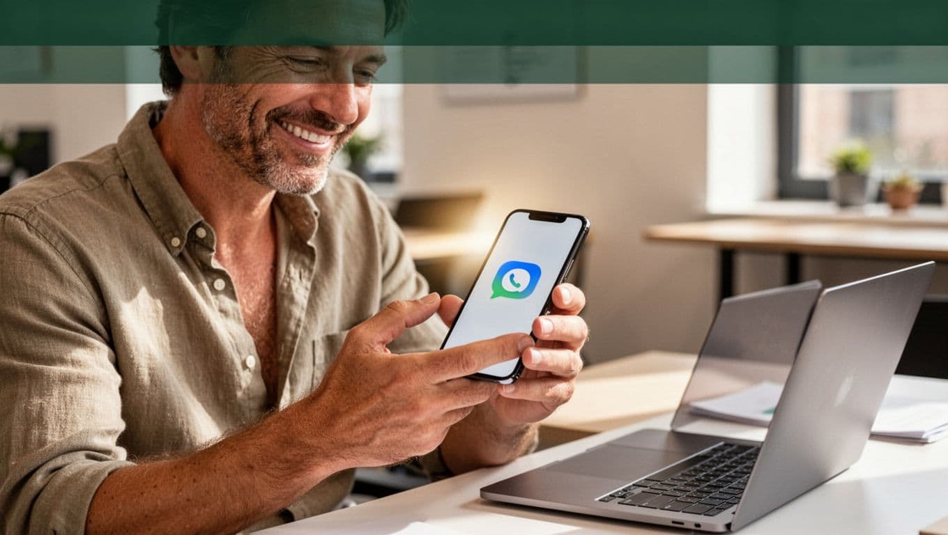 Smiling 40s man in open-collar shirt reads blurred smartphone alert in co-working space under dark-green Auto Alerts band.