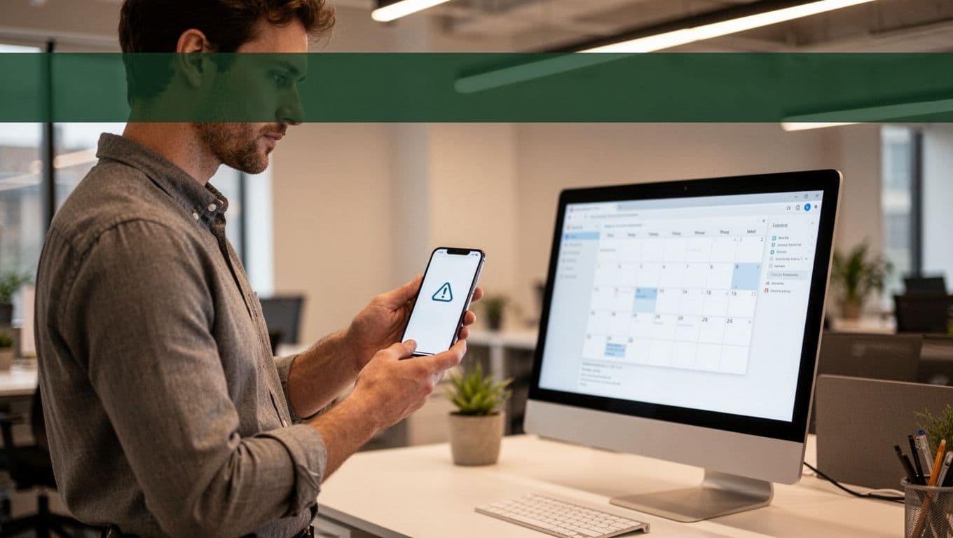 Team member in bright workspace checks phone notification alert icon with open calendar on desktop below Automate Now green headline band.