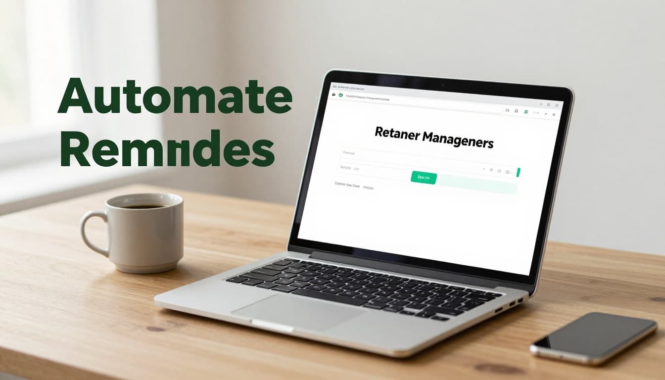 Photorealistic laptop on wooden desk with coffee mug, displaying retainer management software interface headlined 'Automate Reminders' in bold dark-green band, soft morning light, minimalistic calm productivity scene.