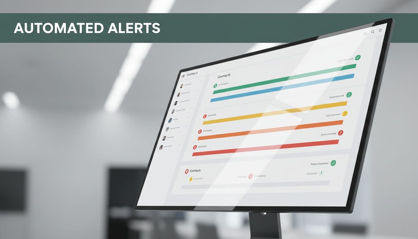 Angled large screen shows sleek dashboard with color-coded contract timelines, notification icons below dark-green 'Automated Alerts' headline band.