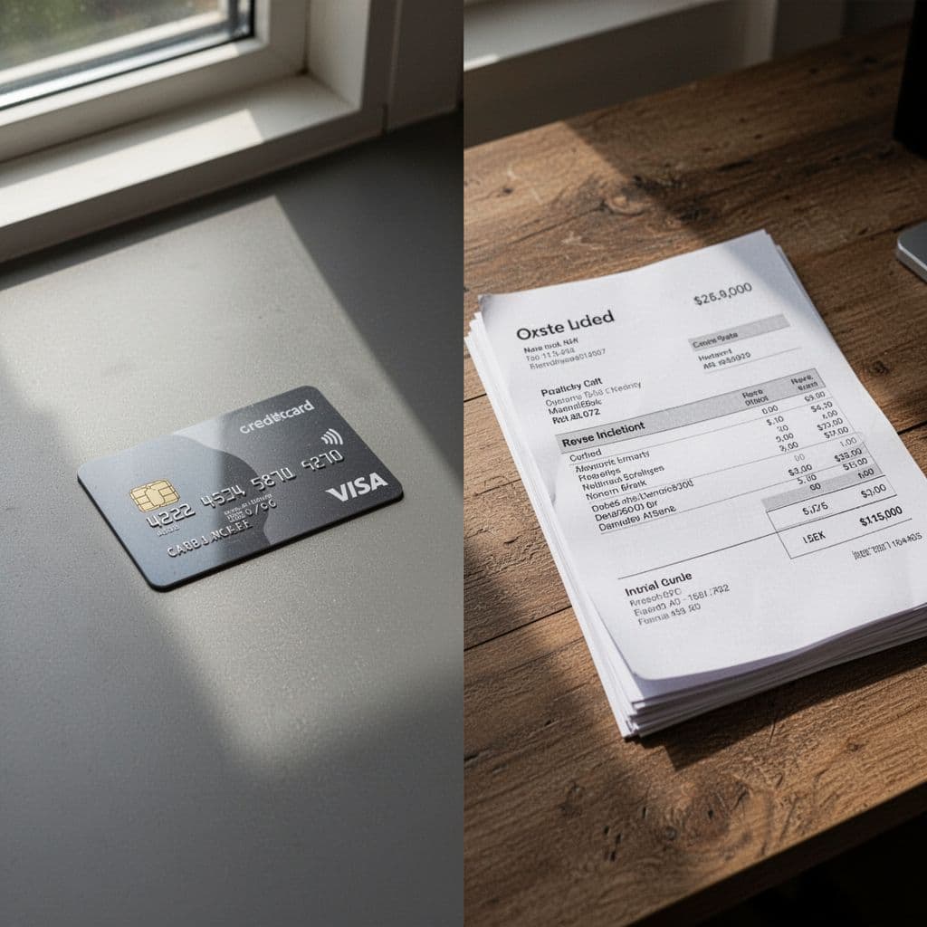 A split-screen graphic contrasts a credit card icon for digital payments with a document icon for invoices.