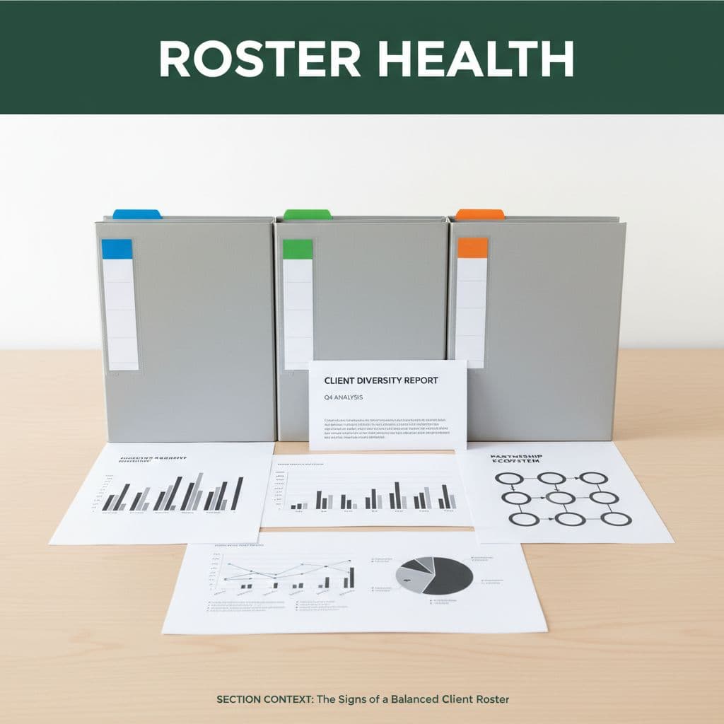 Organized professional folders and clear documents rest neatly on a clean white desk surface. A prominent dark green header bar displays white sans-serif text identifying the portfolio content clearly.
