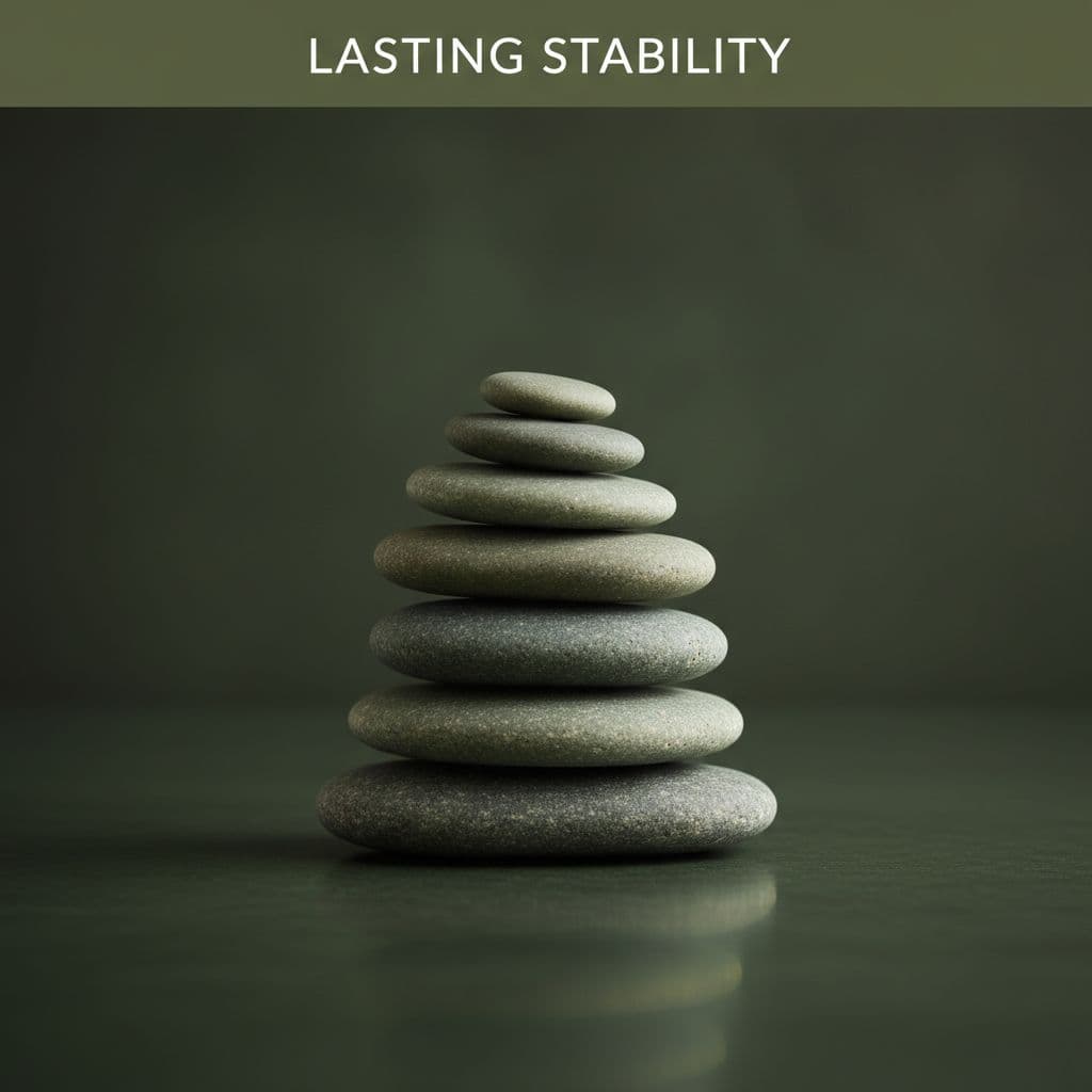 Balanced stack of stones on dark-green surface with 'Lasting Stability' headline at top.