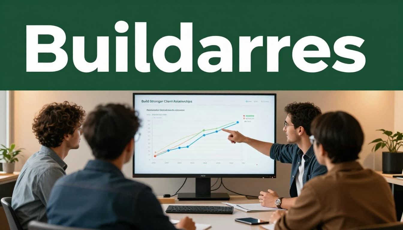 A focused image of exactly three team members in a casual agency office collaborating around a shared screen displaying retainer client metrics and retention graphs, with one person pointing relaxed at the screen in warm ambient lighting and a professional friendly atmosphere. Features a bold 'Build Relationships' headline in geometric sans-serif on a muted dark-green band at the top.