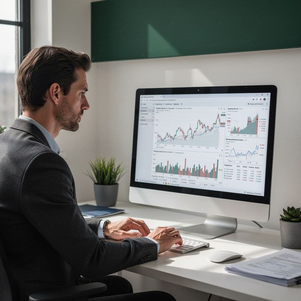 A business owner examines financial data points on a screen in a professional office setting.