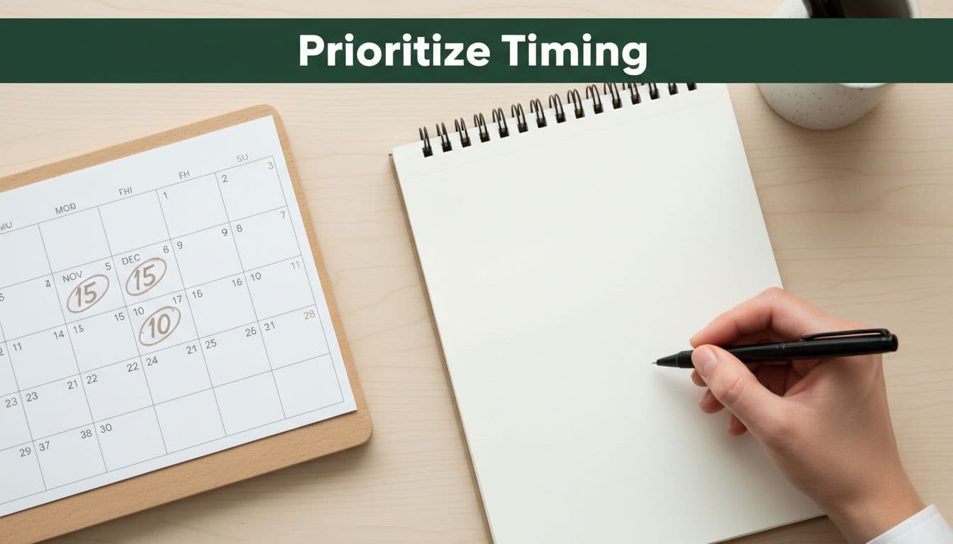A hand holds a pen poised over a blank notebook page next to a marked desk calendar. The scene features soft daylight on a minimalist surface under a green header.