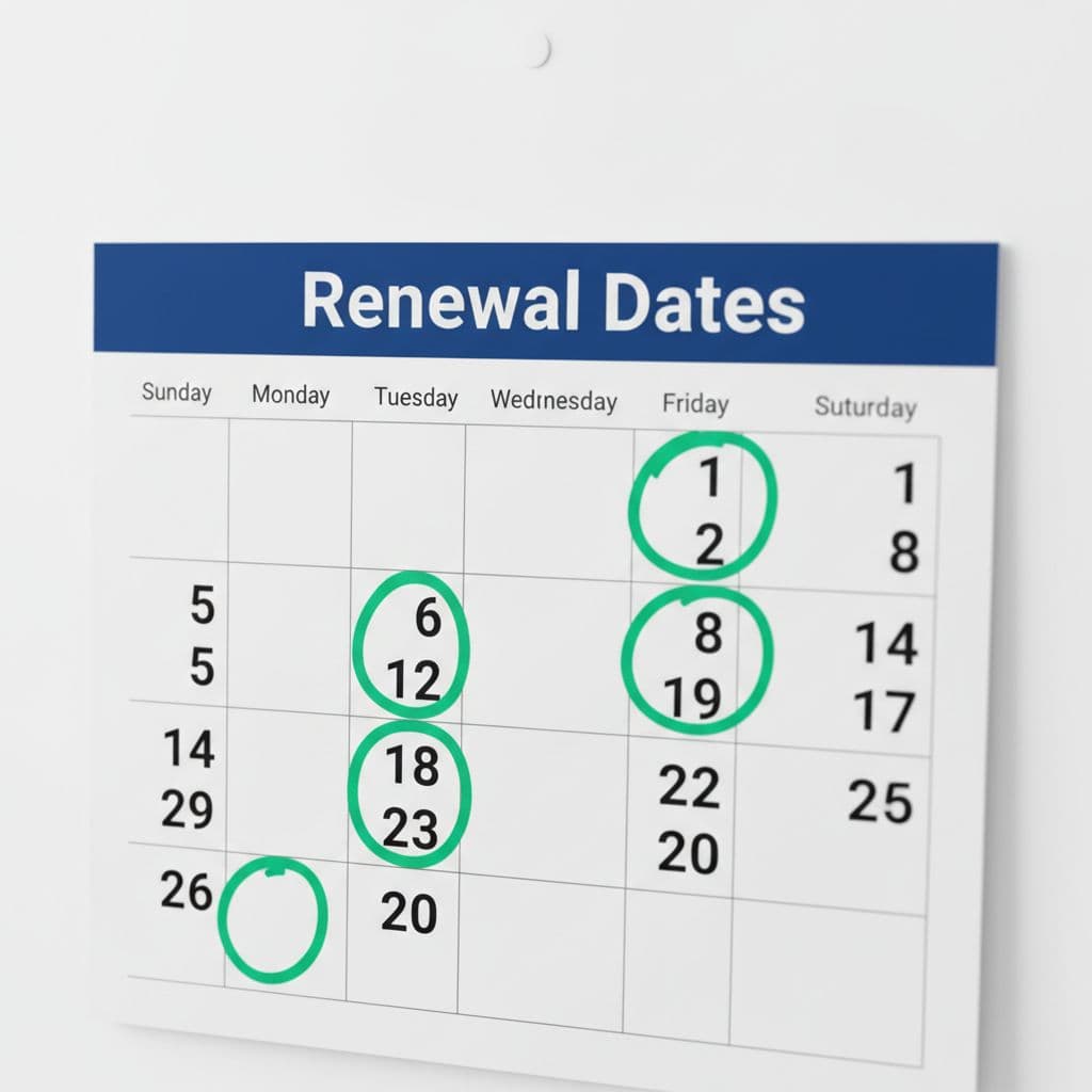 A close-up view of a wall calendar featuring several dates circled in a prominent color.