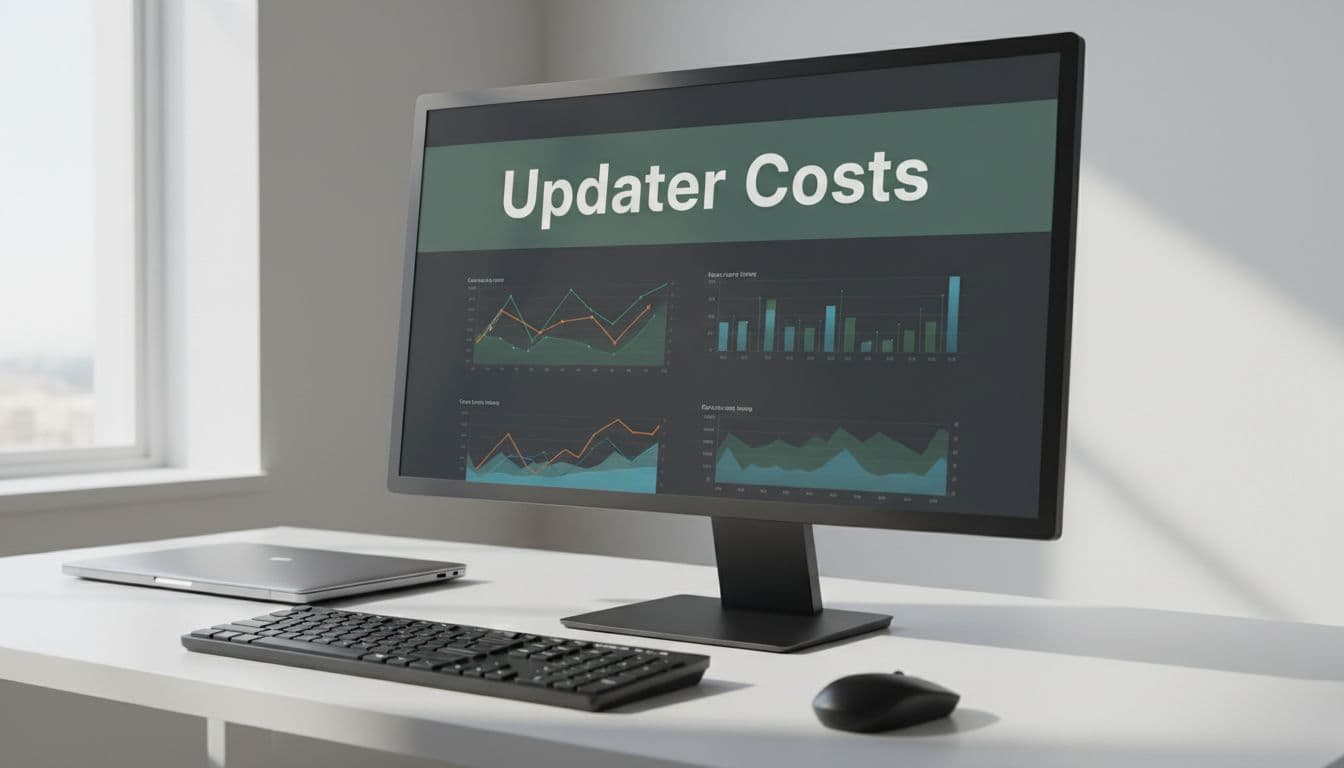 Laptop screen angled on office desk shows dashboard with Updater Costs headline on dark-green band and abstract charts below; keyboard and mouse nearby.