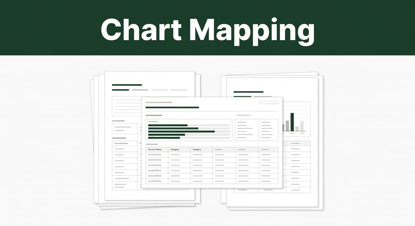 Stacks of translucent ledger pages rest beneath a dark green digital interface. The arrangement visualizes structured financial reporting through clean, geometric shapes and professional, modern editorial design elements for accounting workflows.