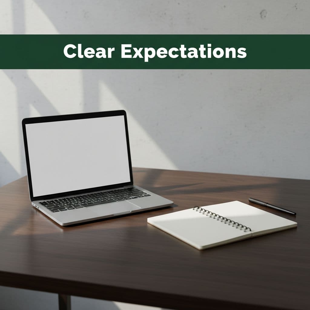 A clean desk features a solitary laptop and notebook against a stark background. A prominent dark-green header displays the bold white text Clear Expectations in a modern, professional sans-serif typeface.