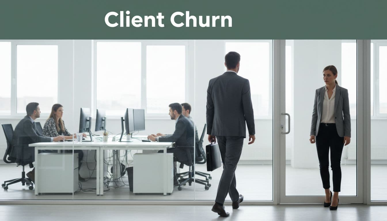 Suited client strides toward exit door as concerned account manager stands nearby in modern open-plan office with blurred background; dark-green band with 'Client Churn' headline at top.