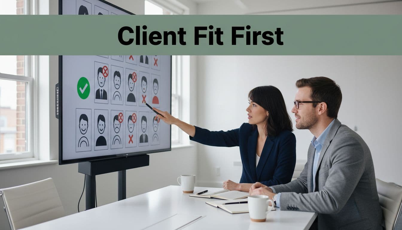 Two agency professionals in a modern conference room collaborate on reviewing client profiles displayed on a shared screen, with one pointing to a green checkmark profile while the other nods in agreement. A bold headline 'Client Fit First' spans the top, emphasizing selective client partnerships.
