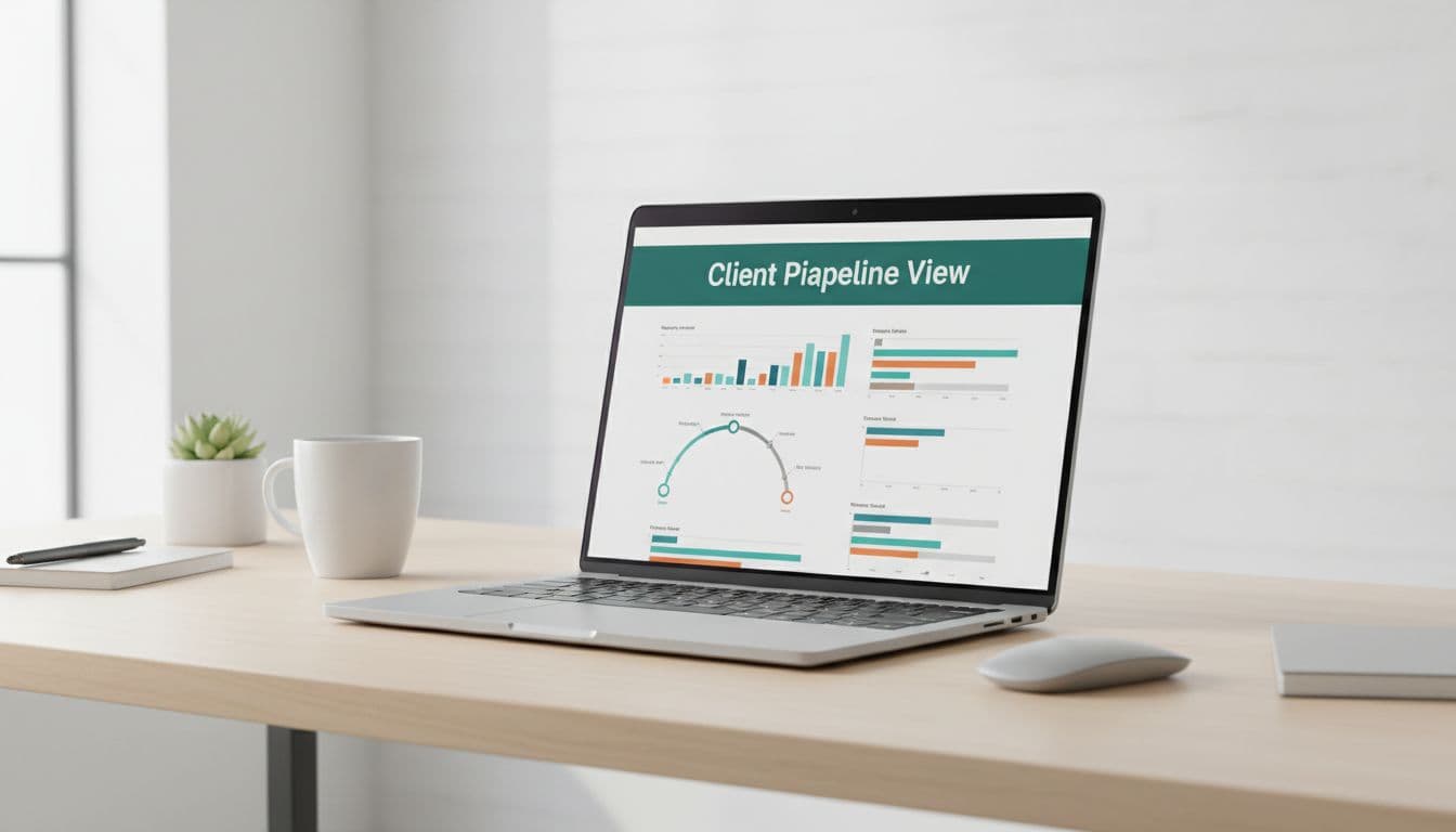 Modern office desk with angled laptop screen showing minimalist client contract timelines under dark green 'Client Pipeline View' headline.