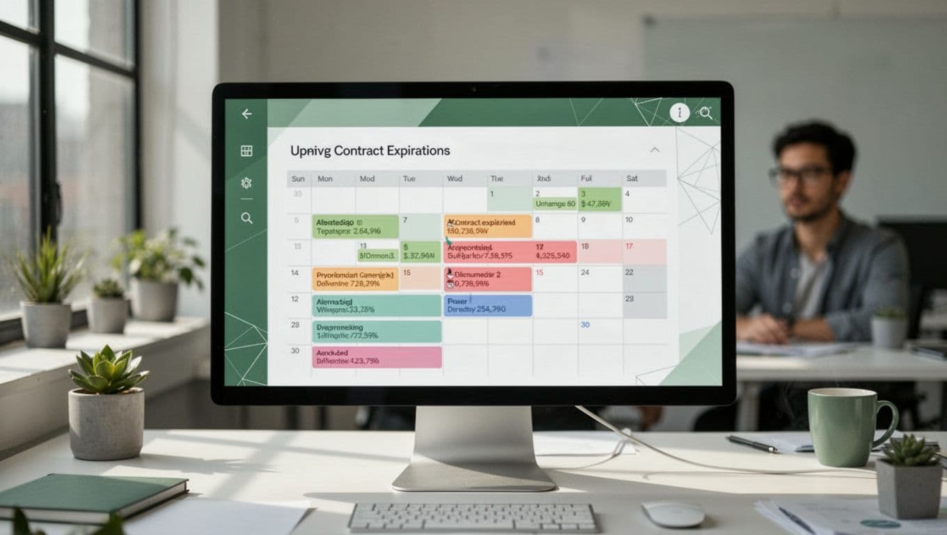 Computer screen displays calendar interface highlighting contract expiries with color-coded alerts; blurred agency team member in background workspace.
