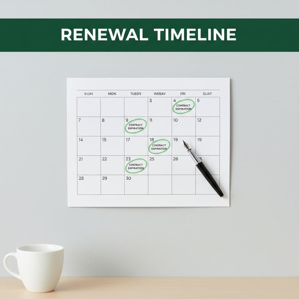 A wall calendar with highlighted dates hangs below a dark green header displaying bold white text. A sleek fountain pen rests nearby on a clean, minimalist surface designed for project tracking.
