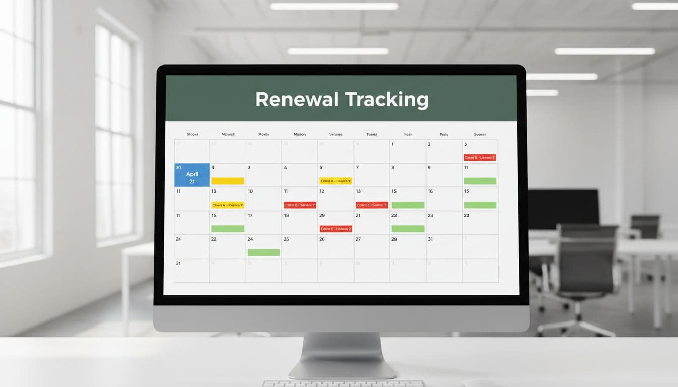 Desktop screen shows calendar with color-coded contract renewal dates under dark-green 'Renewal Tracking' headline band.