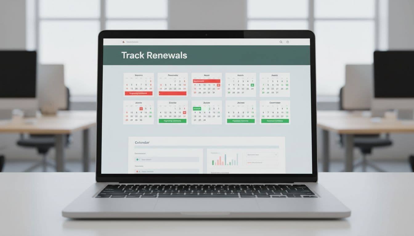 Top-down view of laptop screen showing clean dashboard with calendar icons and red-green contract date highlights, blurred office background.