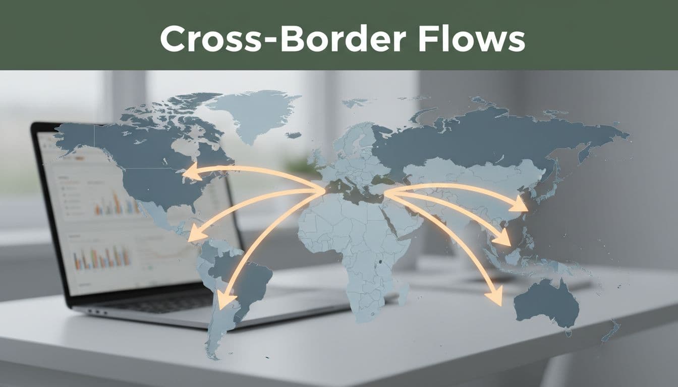 A world map highlighting payment flows from Europe to the US and Asia to the US with arrows showing cross-border transactions, set on a clean desk with a laptop displaying a dashboard in the background.