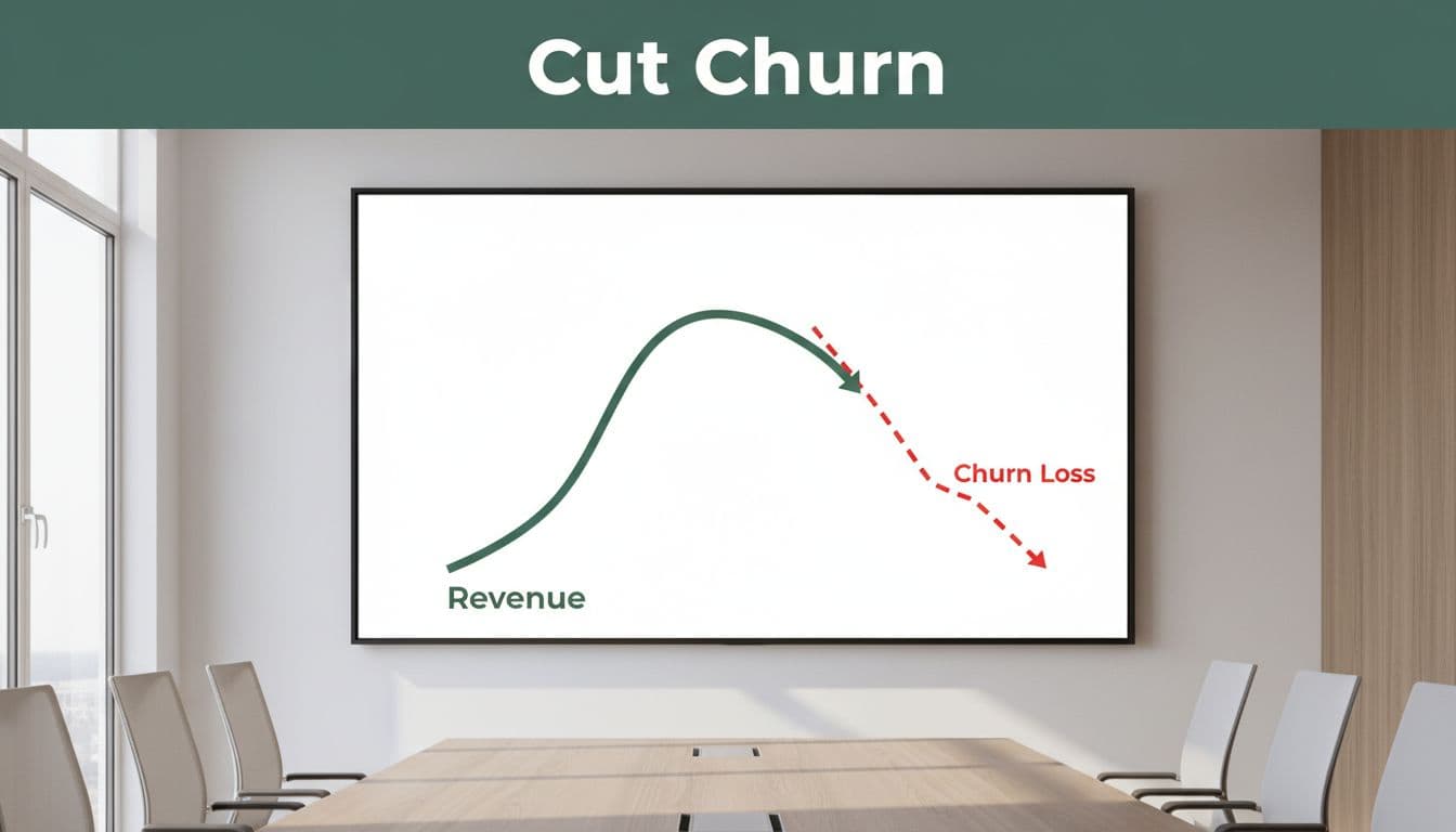Simple line chart in professional meeting room shows green ascending revenue line avoiding red drop, topped with 'Cut Churn' banner.