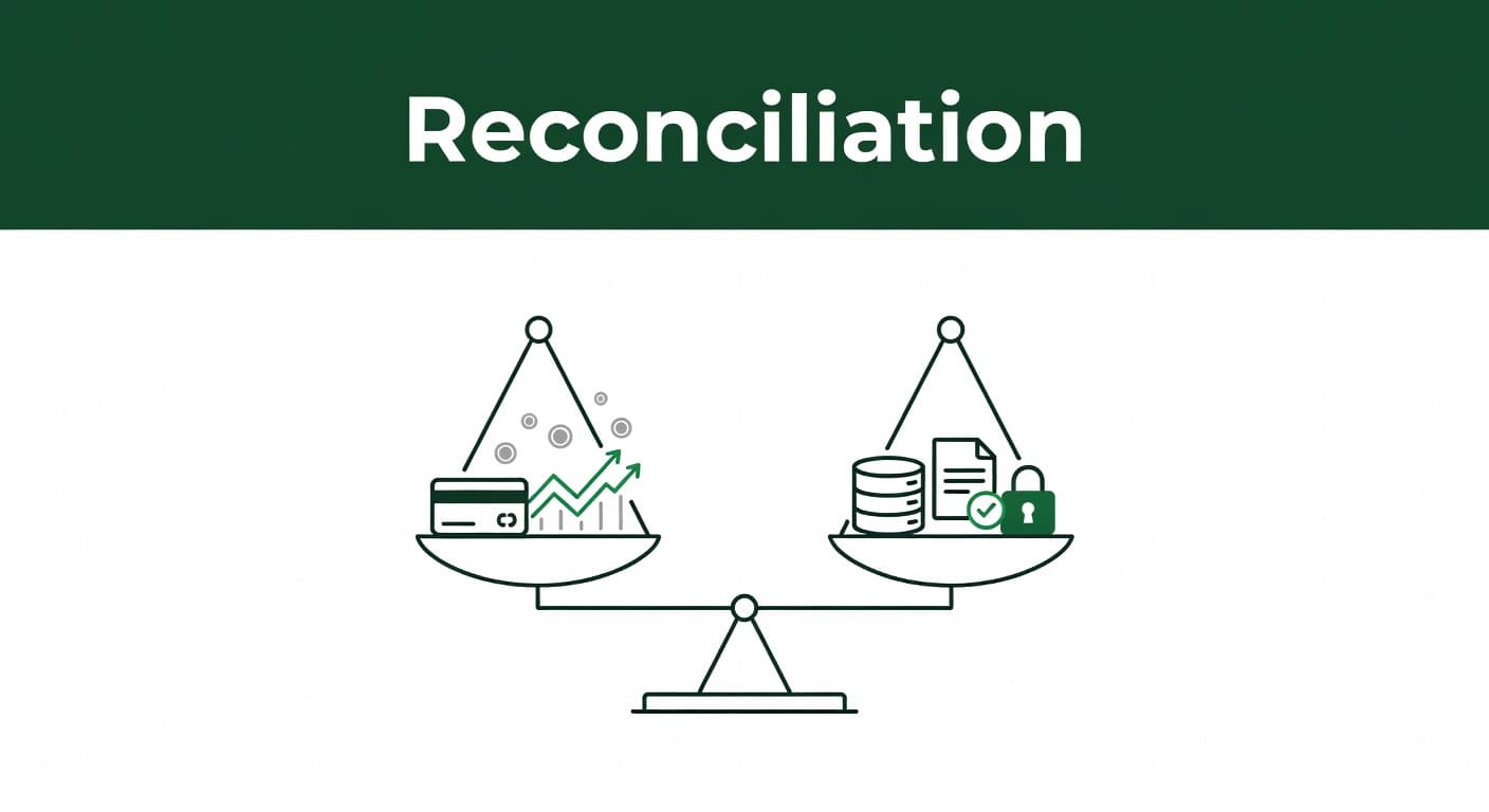 A flat design illustration features two balanced scales holding various digital finance icons. A dark green header at the top displays the bold word Reconciliation against a professional editorial background.