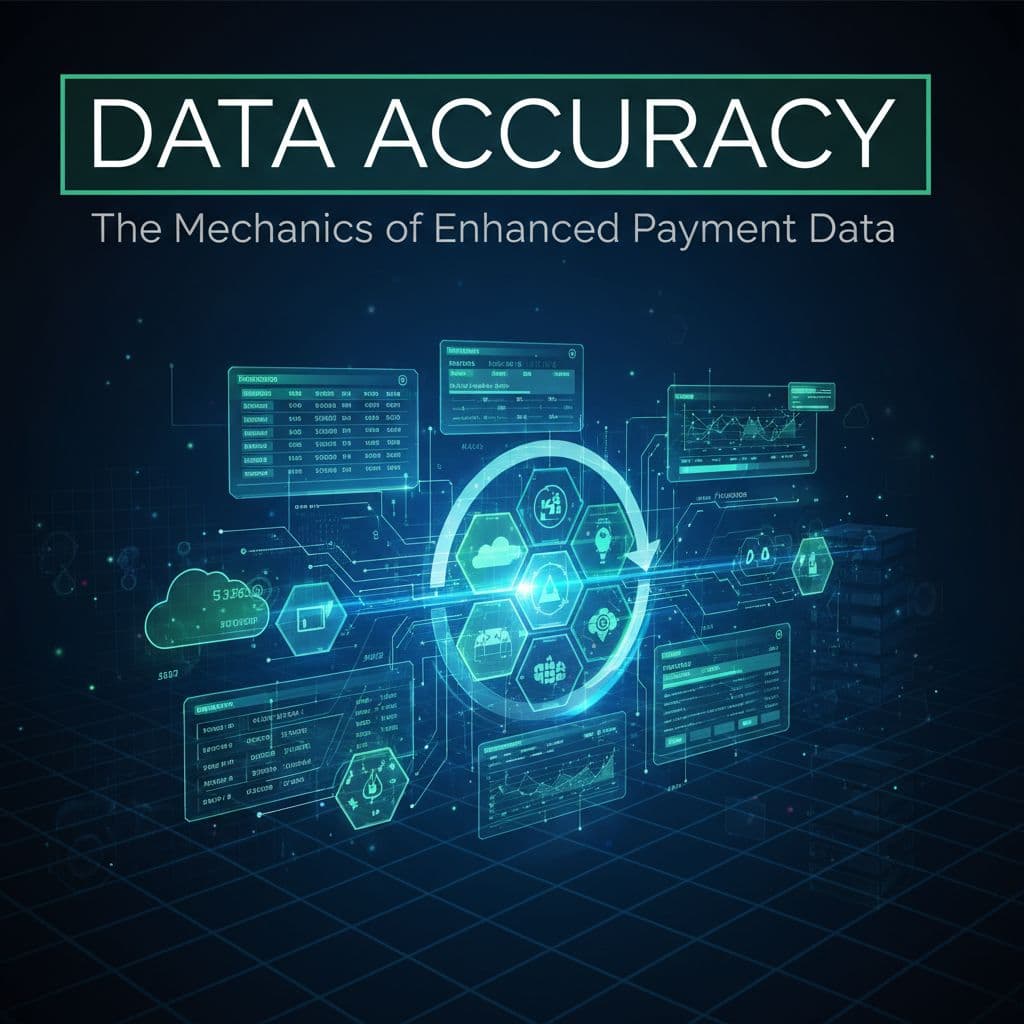 A dark-green horizontal band features bold text reading Data Accuracy above a complex, abstract interface. Glowing geometric patterns represent financial transaction details within a high-contrast, professional software design layout.