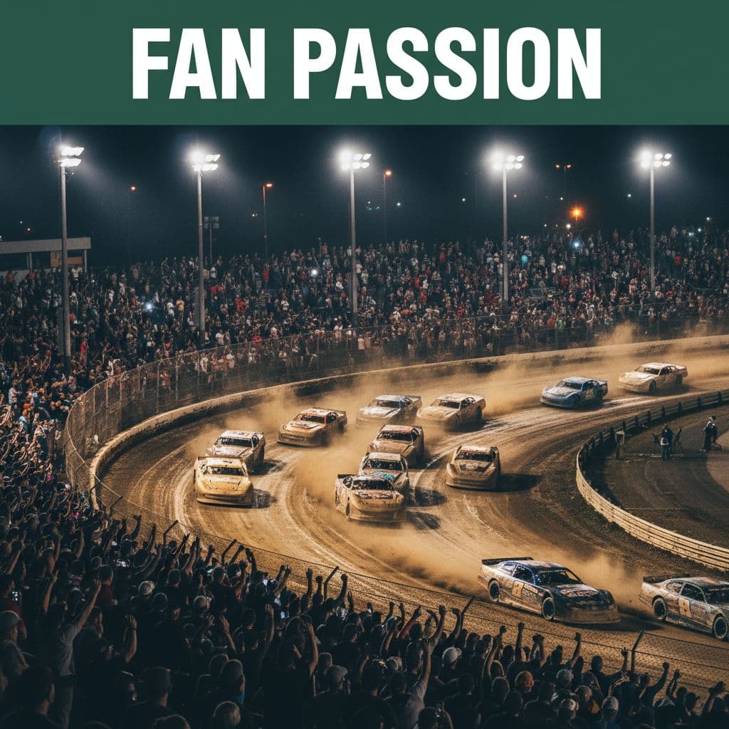 Race cars speed around a dirt track under stadium lights before a large, cheering crowd.