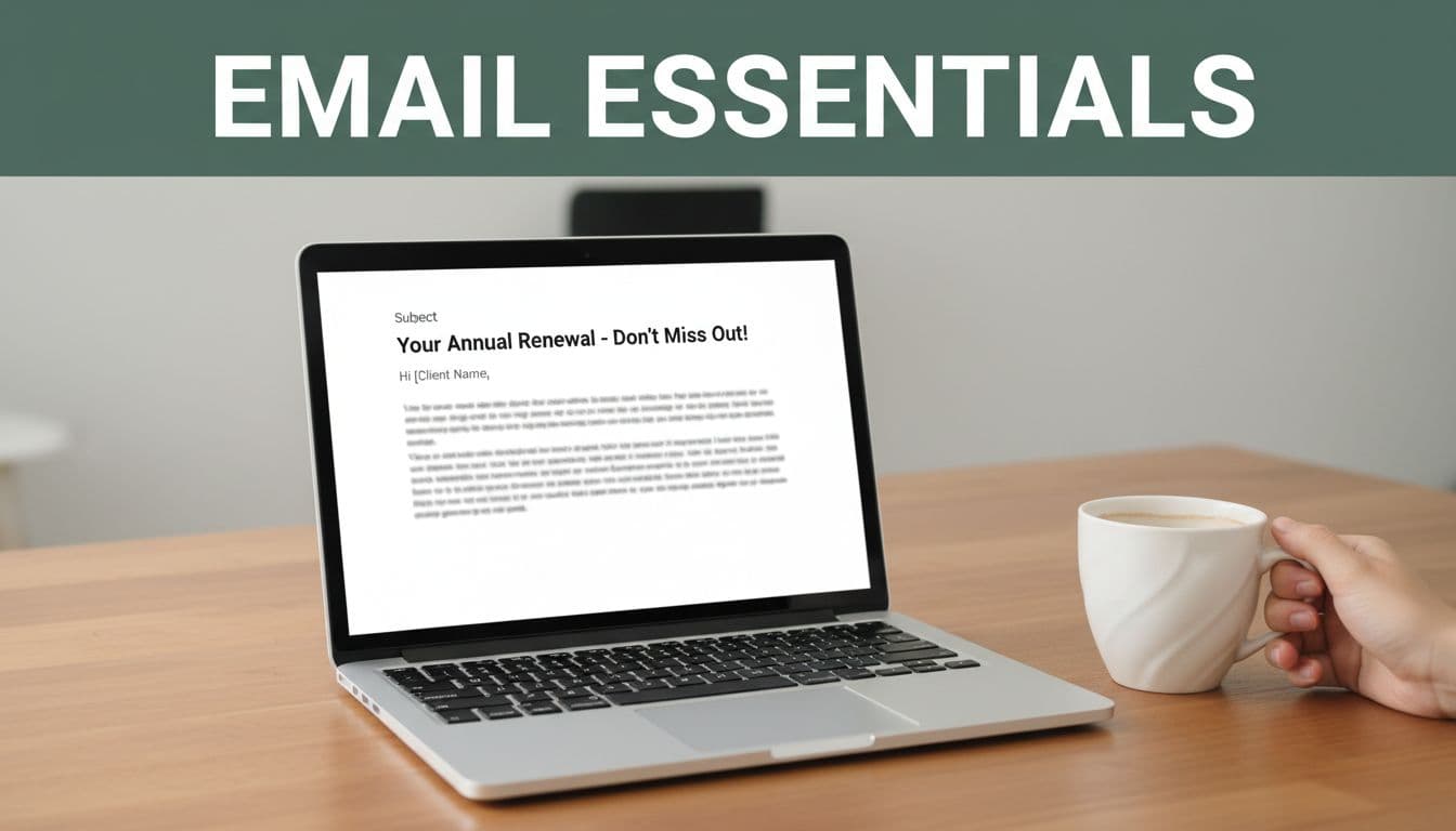 Open laptop on wooden desk shows clean renewal email template under muted dark-green 'Email Essentials' headline band, coffee mug held by hands nearby.