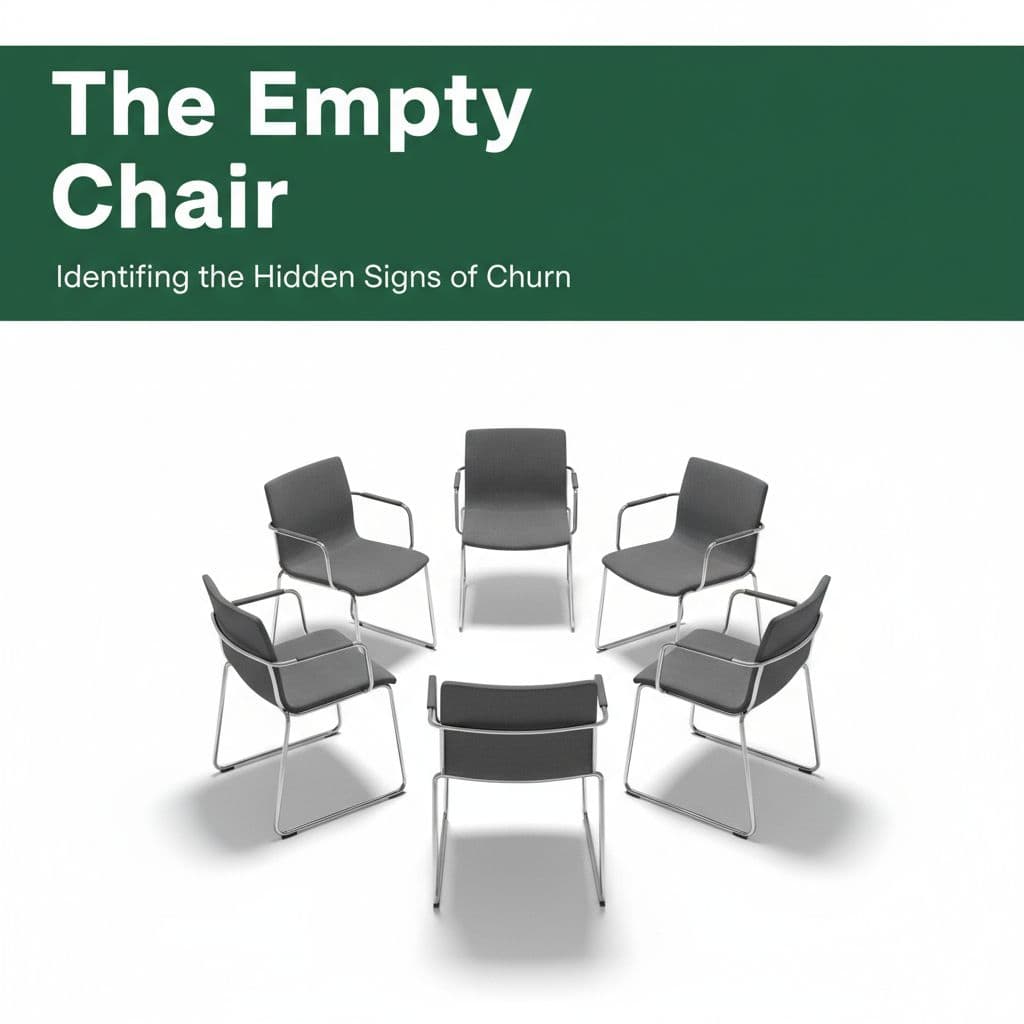 A set of unoccupied desk chairs forms a symmetrical circle against a stark white backdrop. A dark-green horizontal banner at the top features bold text labeling the conceptual scene.