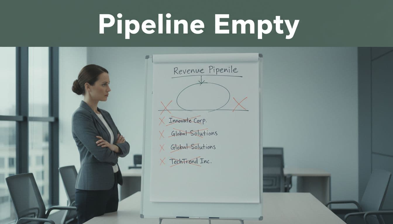 Dark-green top band headlines 'Pipeline Empty' above concerned team lead arms crossed staring at whiteboard with empty revenue pipeline and crossed-out clients in modern conference room.