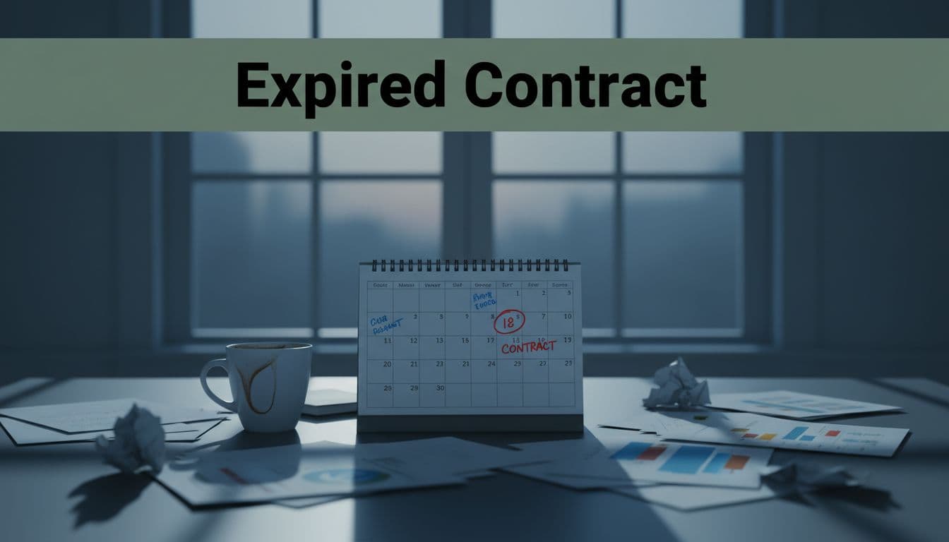 Cluttered agency desk shows open calendar with circled past contract expiration date, scattered blurred-logo papers, empty coffee mug, dim evening window; top dark-green band headlines 'Expired Contract'.