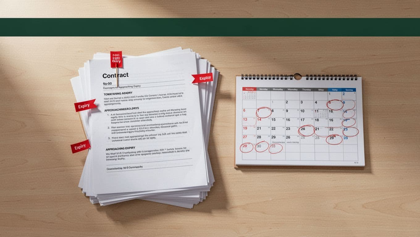 Overhead view shows stacked renewal contracts with red expiry flags on a desk beside wall calendar with circled dates, under dark-green 'Expiry Reminders' band.
