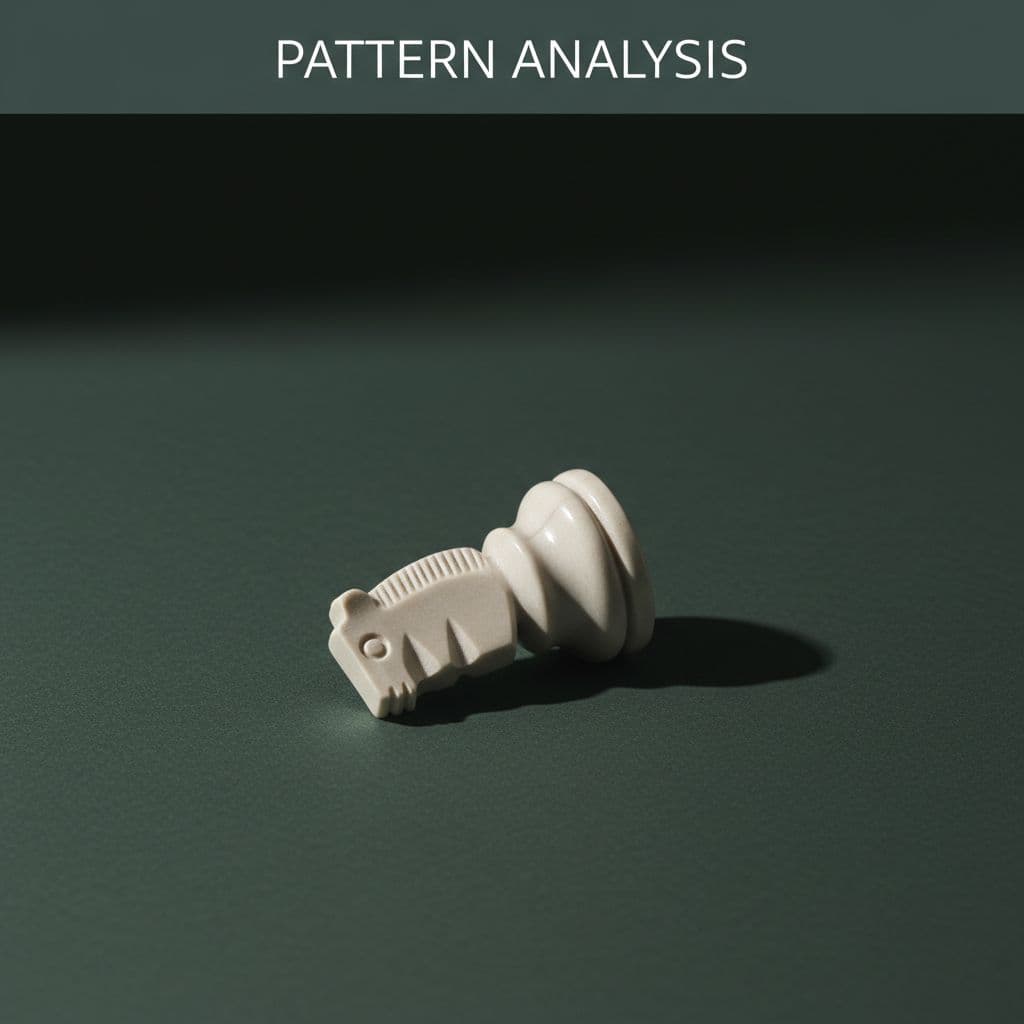 Knocked-over white chess piece on dark-green surface with 'Pattern Analysis' headline band at top.
