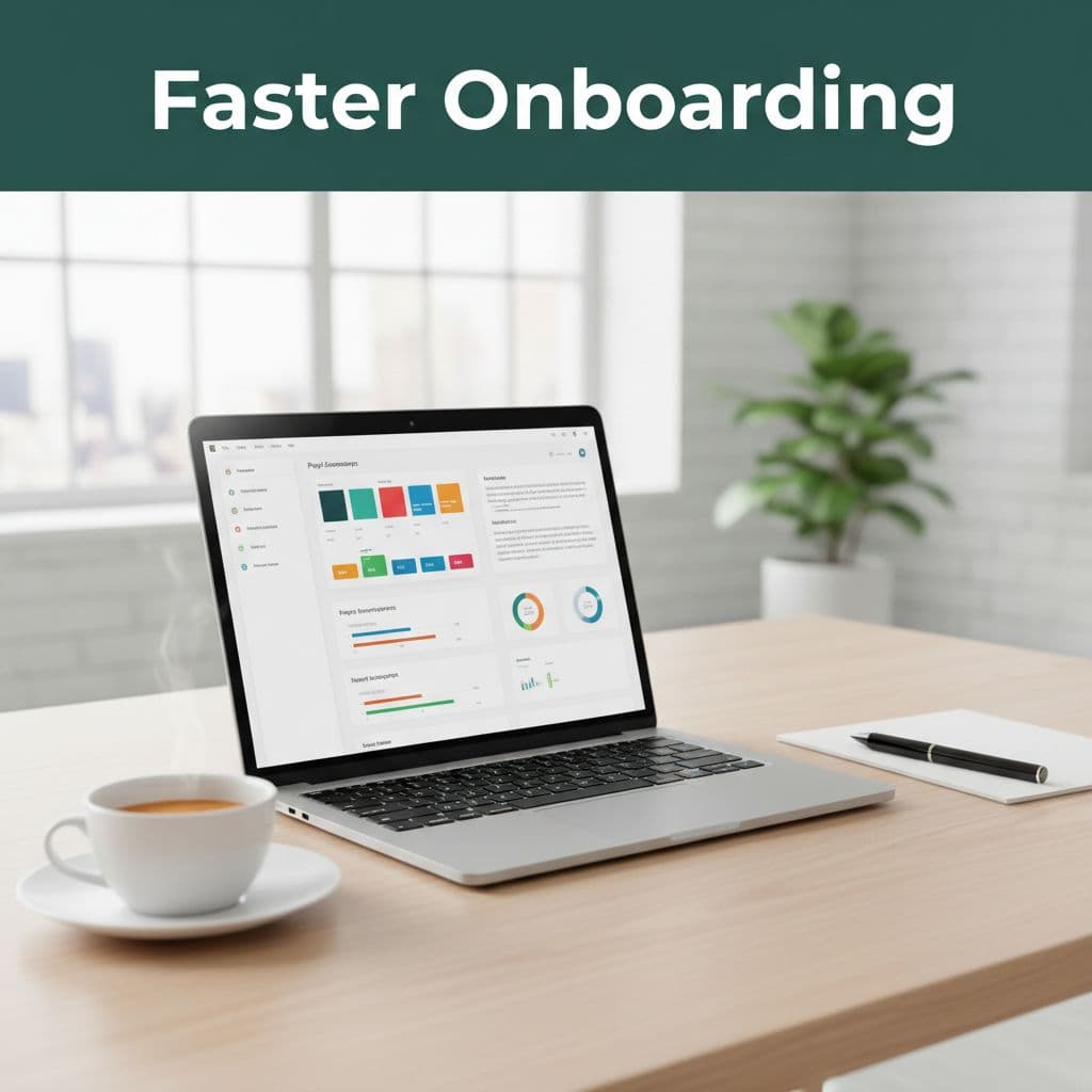 Clean minimal office desk with laptop showing project dashboard, digital pen, coffee cup, and 'Faster Onboarding' text in dark-green band.