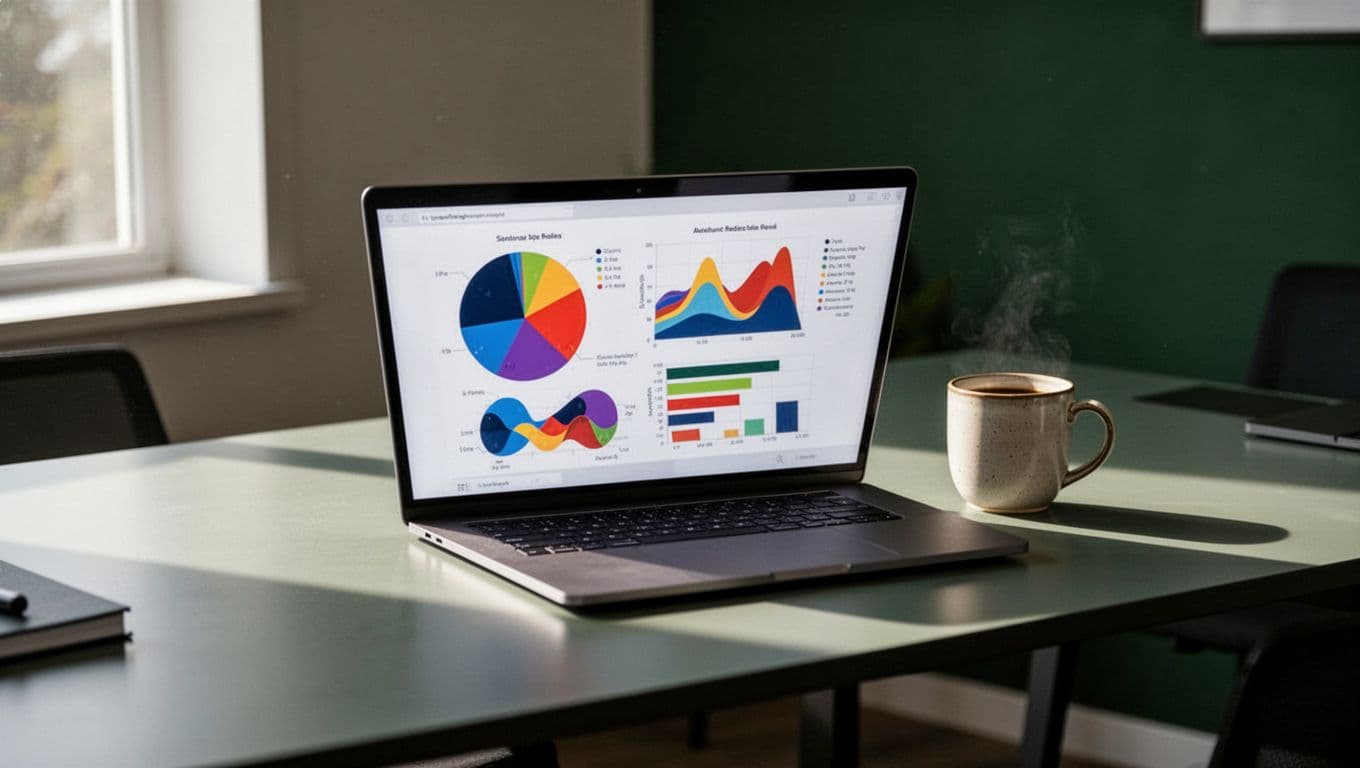 Partially open laptop on modern office table displays abstract charts of Stripe fees by payment method and geography, coffee mug nearby.