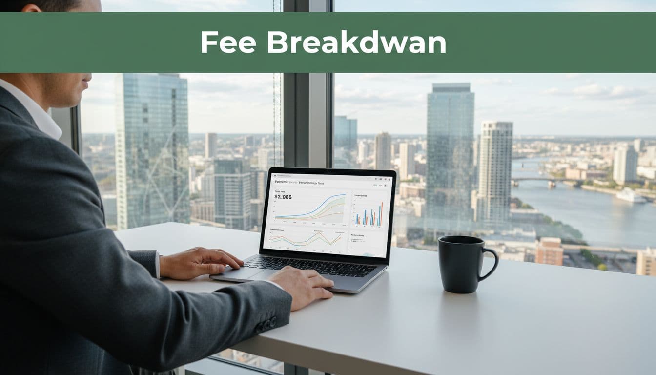 Person at modern desk views laptop with payment graphs under top 'Fee Breakdown' green band, coffee mug nearby, city view window behind.