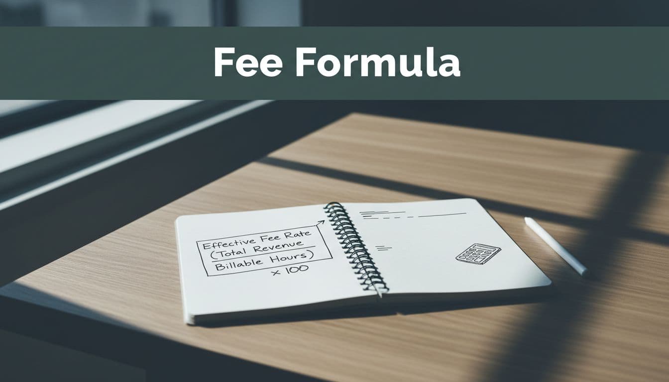Clean wooden office desk with open notebook showing simple math formula sketch for fees, centered close-up under natural window light with soft shadows and a muted dark-green header band behind 'Fee Formula' headline.