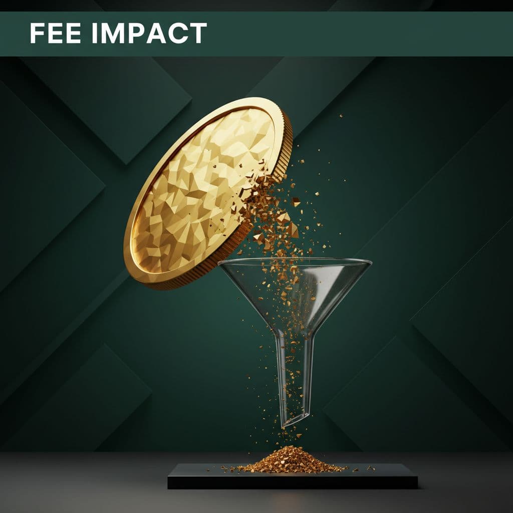 A metallic coin sits atop a funnel, slowly fragmenting into small shards that slide downward. A bold dark green horizontal banner labeled Fee Impact sits prominently across the top of frame.
